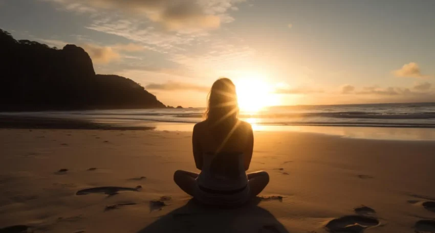 Mujer meditando en la playa al atardecer, con el sol iluminando el horizonte y reflejándose en el mar. La escena transmite tranquilidad y conexión con la naturaleza.